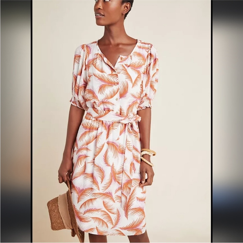Anthropologie Nicole Palm Leaf Linen Blend Puff Sleeve Dress Medium